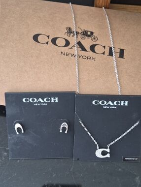 Coach Silver-Tone 'C' Crystal Pendant Necklace with Horseshoe Studs